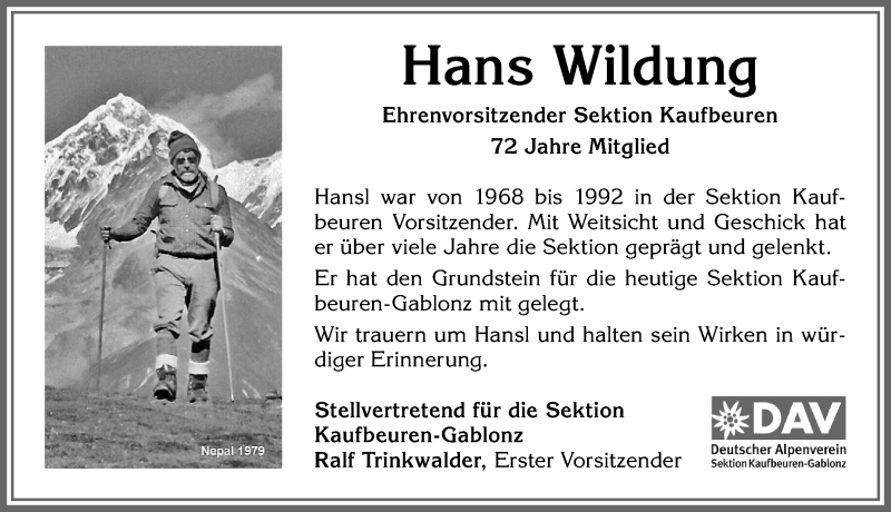  Traueranzeige für Hans Wildung vom 16.10.2019 aus Allgäuer Zeitung, Kaufbeuren/Buchloe