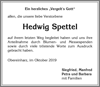 Traueranzeige von Hedwig Spettel von Allgäuer Anzeigeblatt