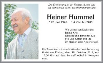 Traueranzeige von Heiner Hummel von Allgäuer Zeitung,Kempten