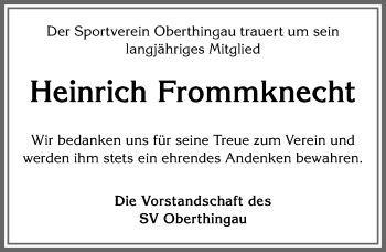 Traueranzeige von Heinrich Frommknecht von Allgäuer Zeitung, Marktoberdorf