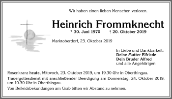 Traueranzeige von Heinrich Frommknecht von Allgäuer Zeitung, Marktoberdorf