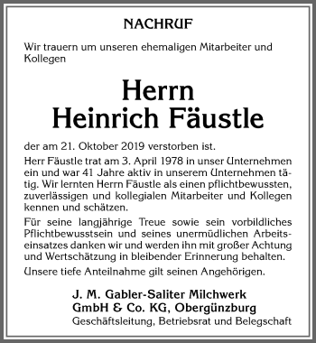 Traueranzeige von Heinrich Fäustle von Allgäuer Zeitung, Marktoberdorf