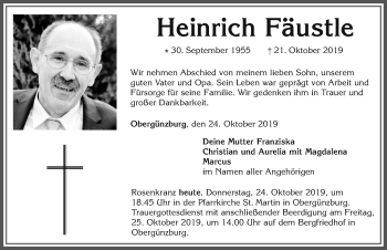 Traueranzeige von Heinrich Fäustle von Allgäuer Zeitung, Marktoberdorf