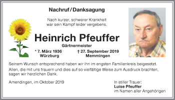 Traueranzeige von Heinrich Pfeuffer von Memminger Zeitung