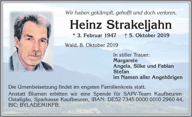  Traueranzeige für Heinz Strakeljahn vom 08.10.2019 aus Allgäuer Zeitung