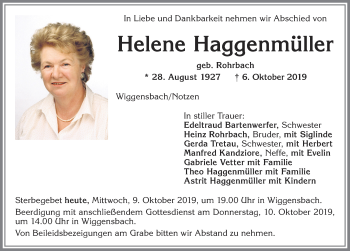 Traueranzeige von Helene Haggenmüller von Allgäuer Zeitung,Kempten