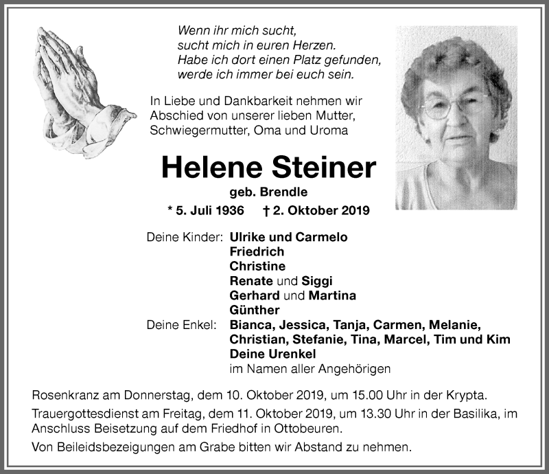  Traueranzeige für Helene Steiner vom 08.10.2019 aus Memminger Zeitung