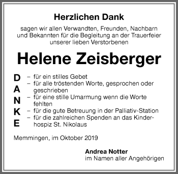 Traueranzeige von Helene Zeisberger von Memminger Zeitung