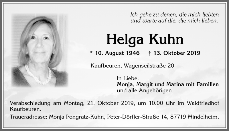  Traueranzeige für Helga Kuhn vom 17.10.2019 aus Allgäuer Zeitung, Kaufbeuren/Buchloe