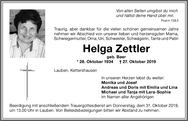  Traueranzeige für Helga Zettler vom 30.10.2019 aus Memminger Zeitung