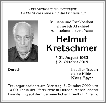 Traueranzeige von Helmut Kretschmer von Allgäuer Zeitung,Kempten