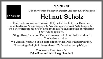 Traueranzeige von Helmut Scholz von Allgäuer Zeitung,Kempten