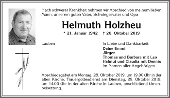 Traueranzeige von Helmuth Holzheu von Allgäuer Zeitung,Kempten