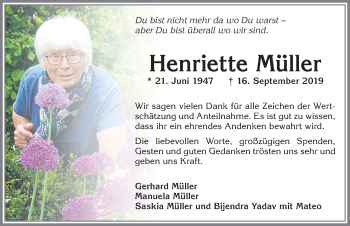 Traueranzeige von Henriette Müller von Allgäuer Zeitung, Marktoberdorf