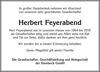 Traueranzeige von Herbert Feyerabend von Allgäuer Zeitung,Kempten