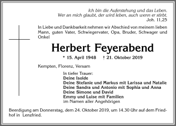 Traueranzeige von Herbert Feyerabend von Allgäuer Zeitung,Kempten