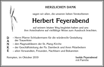Traueranzeige von Herbert Feyerabend von Allgäuer Zeitung,Kempten
