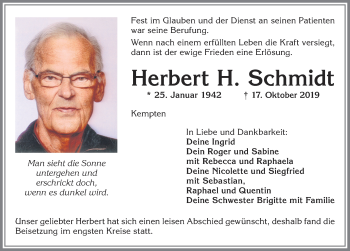Traueranzeige von Herbert H. Schmidt von Allgäuer Zeitung,Kempten