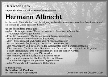 Traueranzeige von Hermann Albrecht von Allgäuer Zeitung,Kempten