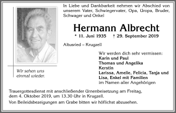 Traueranzeige von Hermann Albrecht von Allgäuer Zeitung,Kempten