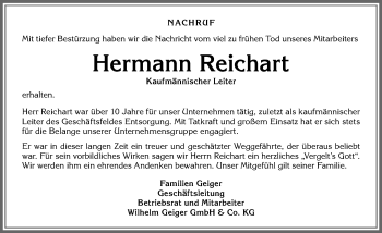 Traueranzeige von Hermann Reichart von Allgäuer Zeitung
