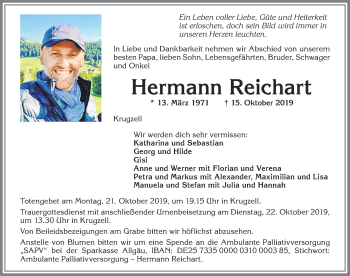 Traueranzeige von Hermann Reichart von Allgäuer Zeitung,Kempten