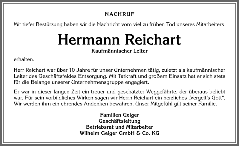  Traueranzeige für Hermann Reichart vom 19.10.2019 aus Allgäuer Zeitung