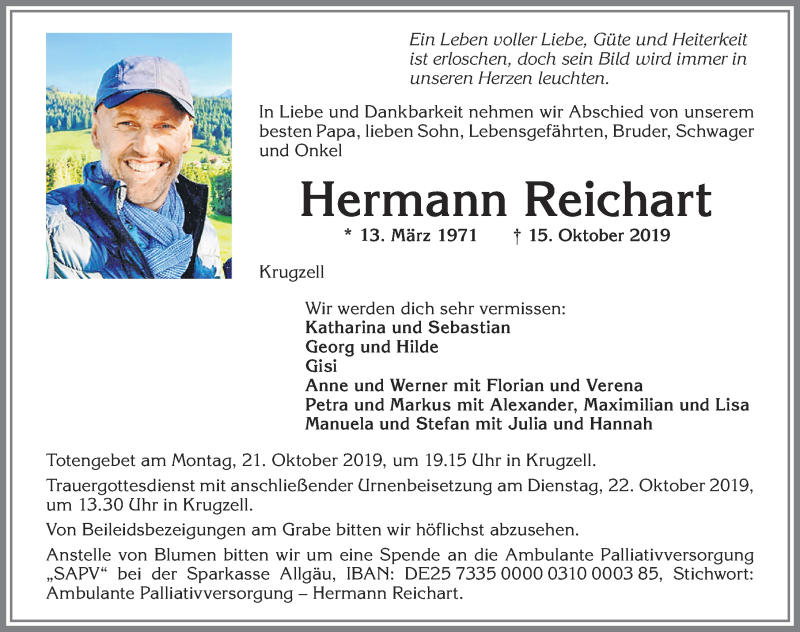  Traueranzeige für Hermann Reichart vom 19.10.2019 aus Allgäuer Zeitung,Kempten