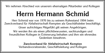 Traueranzeige von Hermann Schmid von Allgäuer Zeitung,Kempten