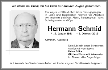 Traueranzeige von Hermann Schmid von Allgäuer Zeitung,Kempten