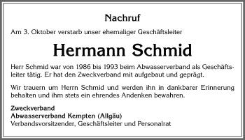 Traueranzeige von Hermann Schmid von Allgäuer Zeitung,Kempten