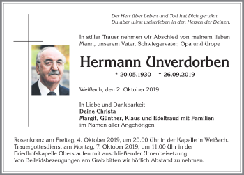 Traueranzeige von Hermann Unverdorben von Allgäuer Anzeigeblatt
