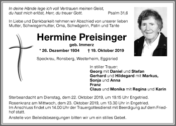 Traueranzeige von Hermine Preisinger von Memminger Zeitung