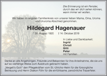 Traueranzeige von Hildegard Hagenauer von Memminger Zeitung