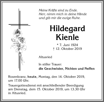 Traueranzeige von Hildegard Kienle von Allgäuer Zeitung,Kempten
