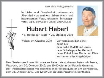 Traueranzeige von Hubert Haberl von Allgäuer Anzeigeblatt