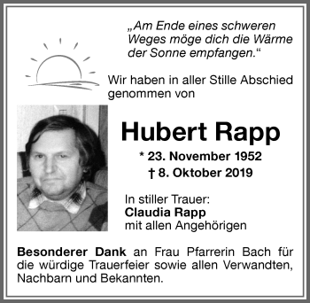 Traueranzeige von Hubert Rapp von Memminger Zeitung