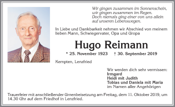 Traueranzeige von Hugo Reimann von Allgäuer Zeitung,Kempten
