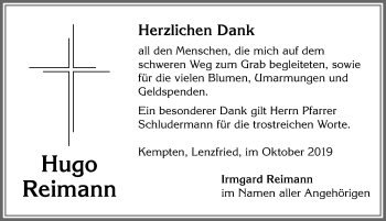 Traueranzeige von Hugo Reimann von Allgäuer Zeitung,Kempten