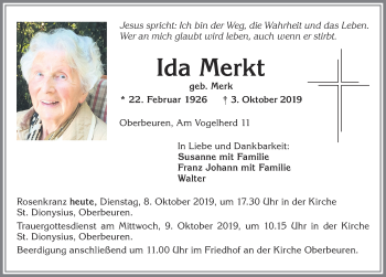 Traueranzeige von Ida Merkt von Allgäuer Zeitung, Kaufbeuren/Buchloe