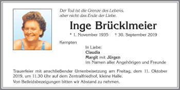 Traueranzeige von Inge Brücklmeier von Allgäuer Zeitung,Kempten