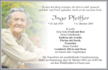 Traueranzeige von Inge Pfeiffer von Allgäuer Zeitung, Füssen
