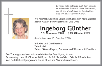 Traueranzeige von Ingeborg Günther von Allgäuer Anzeigeblatt