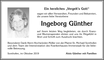Traueranzeige von Ingeborg Günther von Allgäuer Anzeigeblatt