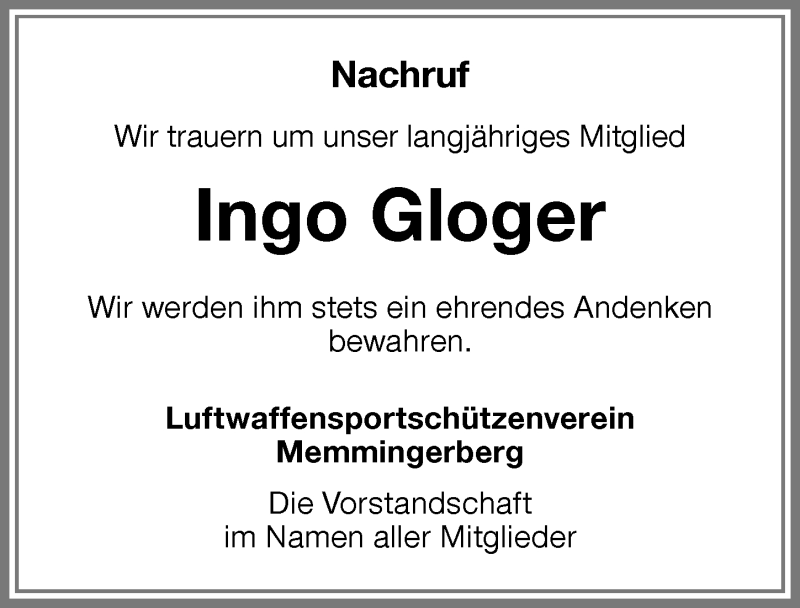  Traueranzeige für Ingo Gloger vom 05.10.2019 aus Memminger Zeitung