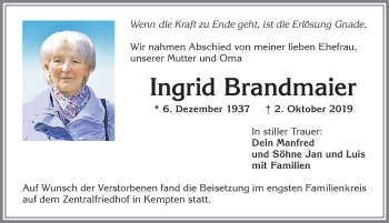 Traueranzeige von Ingrid Brandmaier von Allgäuer Zeitung,Kempten