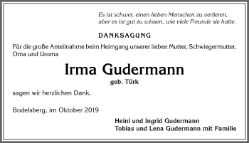 Traueranzeige von Irma Gudermann von Allgäuer Zeitung,Kempten