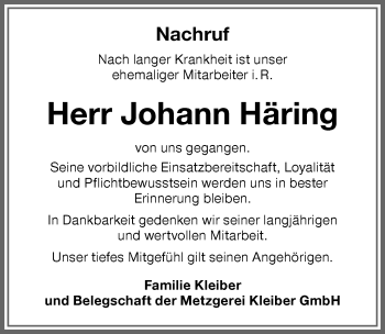 Traueranzeige von Johann Häring von Memminger Zeitung