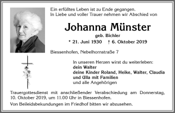 Traueranzeige von Johanna Münster von Allgäuer Zeitung