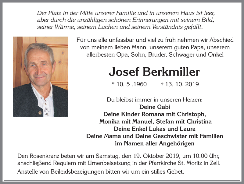 Traueranzeige für Josef Berkmiller vom 16.10.2019 aus Allgäuer Zeitung, Füssen